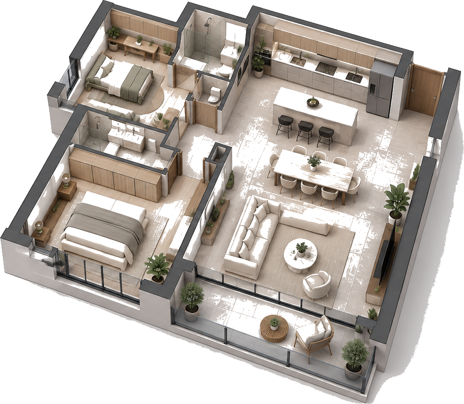 Plano 3D amoblado de un departamento contemporáneo